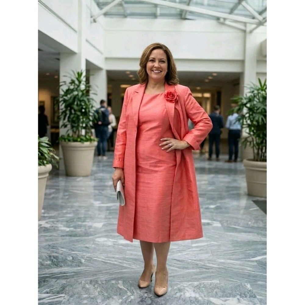 Le Suit Woman Size 20W Pink 2 Pc Longline Coat & Sheath Dress Formal Shimmer